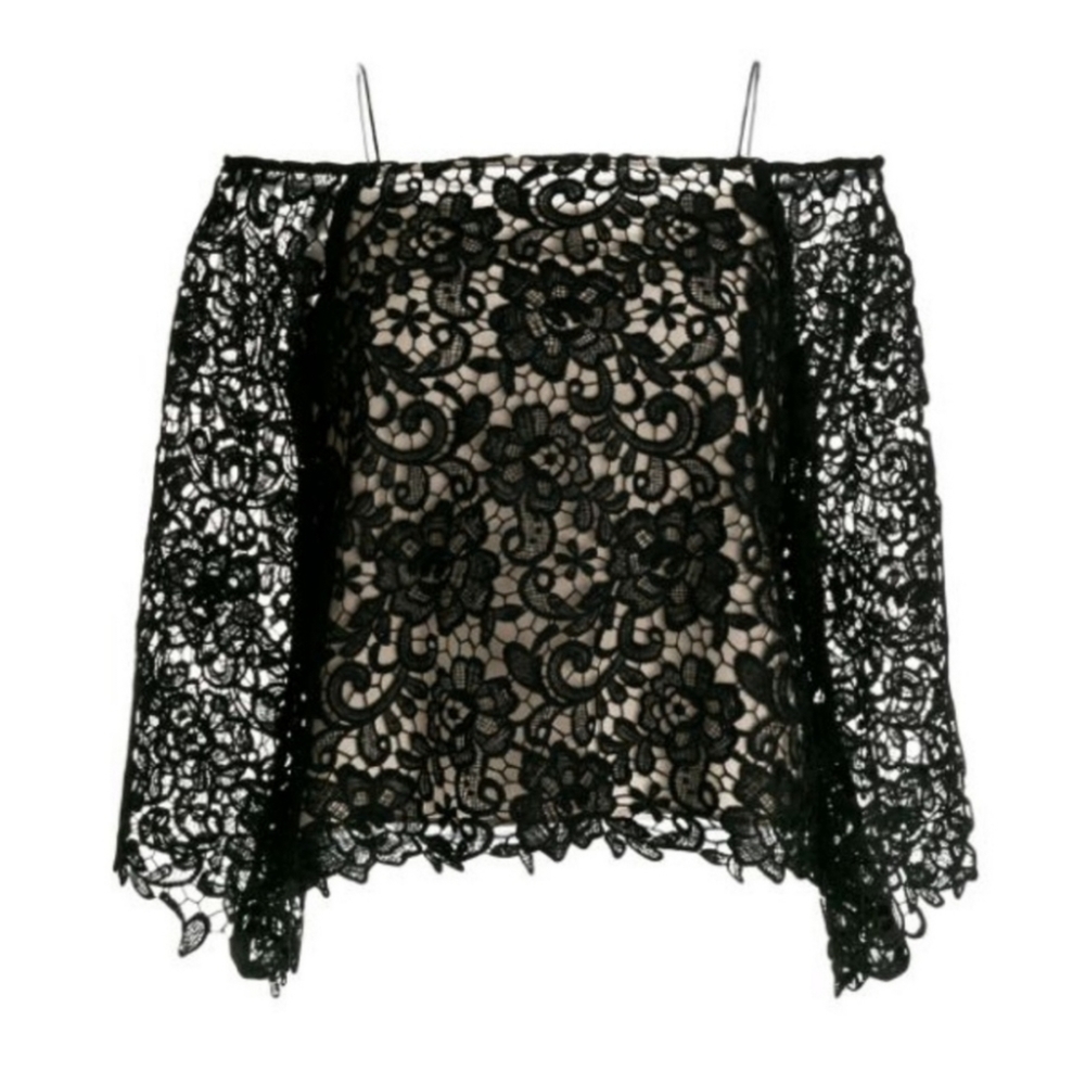 Alice+Olivia Prena Silk Blend Lace Trumpet Sleeve Top Black Size Small NWOT - Picture 7 of 15